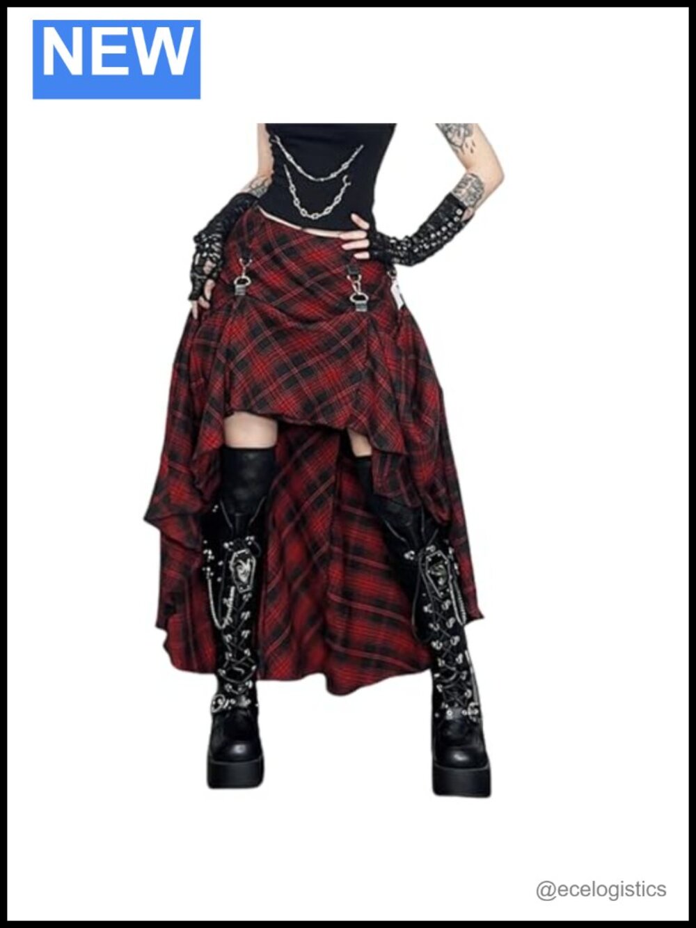 Women's High Low Plaid Skirt Ruffled Asymmetrical Gothic Punk